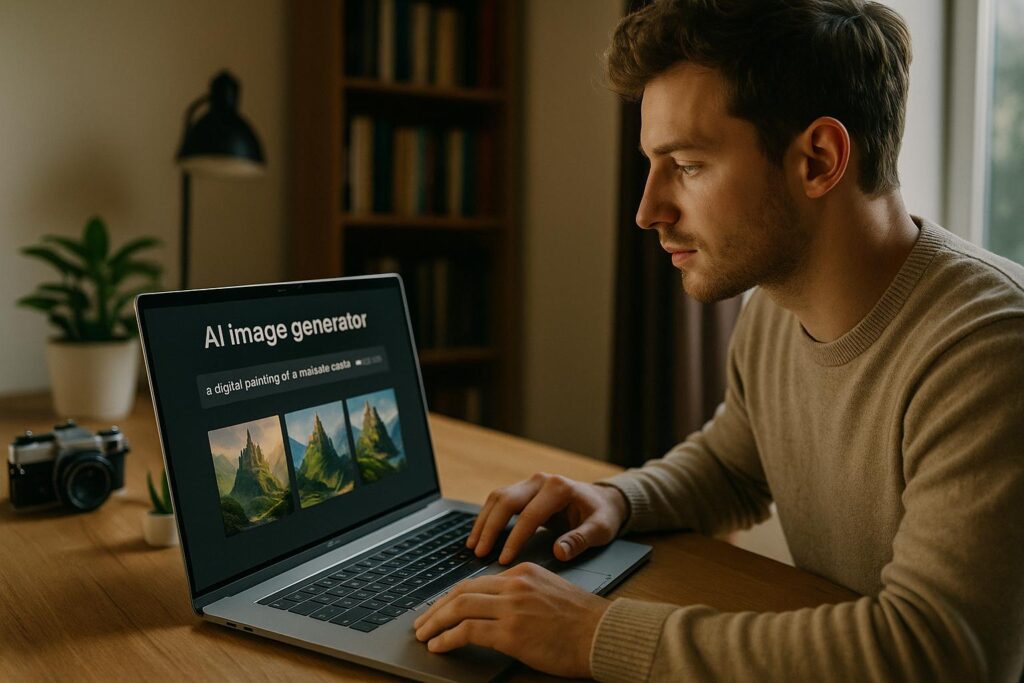 A young Caucasian man at a desk using an AI image generator, focused on editing a digital painting on his laptop.