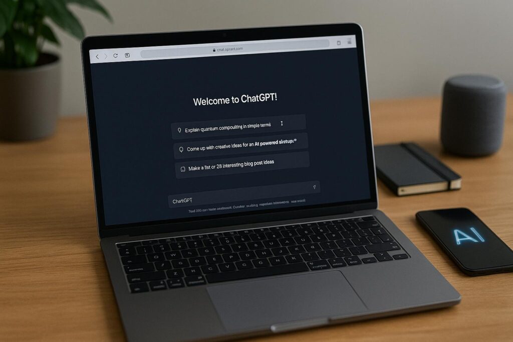 A photo of a laptop open to the ChatGPT homepage, accompanied by a smartphone with an AI logo, a notebook, and a smart speaker on a wooden desk with natural daylight.