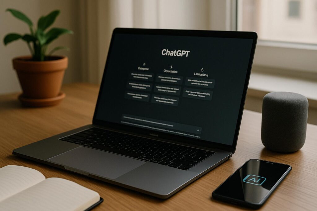 A minimalist AI workspace featuring a laptop with ChatGPT open, a smart speaker, and a smartphone showing an AI logo