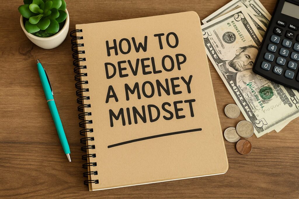 Notebook titled 'HOW TO DEVELOP A MONEY MINDSET' with currency, calculator, succulent, and turquoise pen laid out on a wooden table