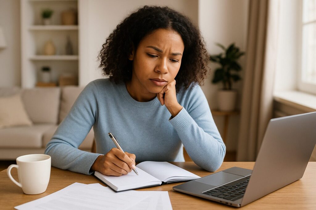 A woman in a blue sweater thoughtfully journals at her laptop with a mug and documents on the table, surrounded by natural light in a peaceful setting