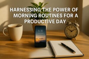 A smartphone, journal, clock, and coffee mug sit neatly on a wooden desk with morning sunlight streaming in. Overlaid text reads “Harnessing the Power of Morning Routines for a Productive Day.”