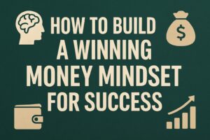Bold graphic with the title 'HOW TO BUILD A WINNING MONEY MINDSET FOR SUCCESS' surrounded by minimalist financial icons on a dark green background
