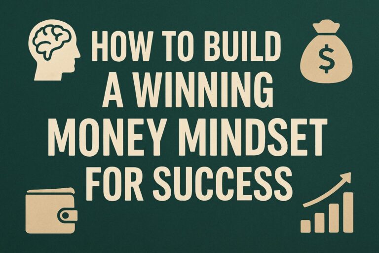 Bold graphic with the title 'HOW TO BUILD A WINNING MONEY MINDSET FOR SUCCESS' surrounded by minimalist financial icons on a dark green background