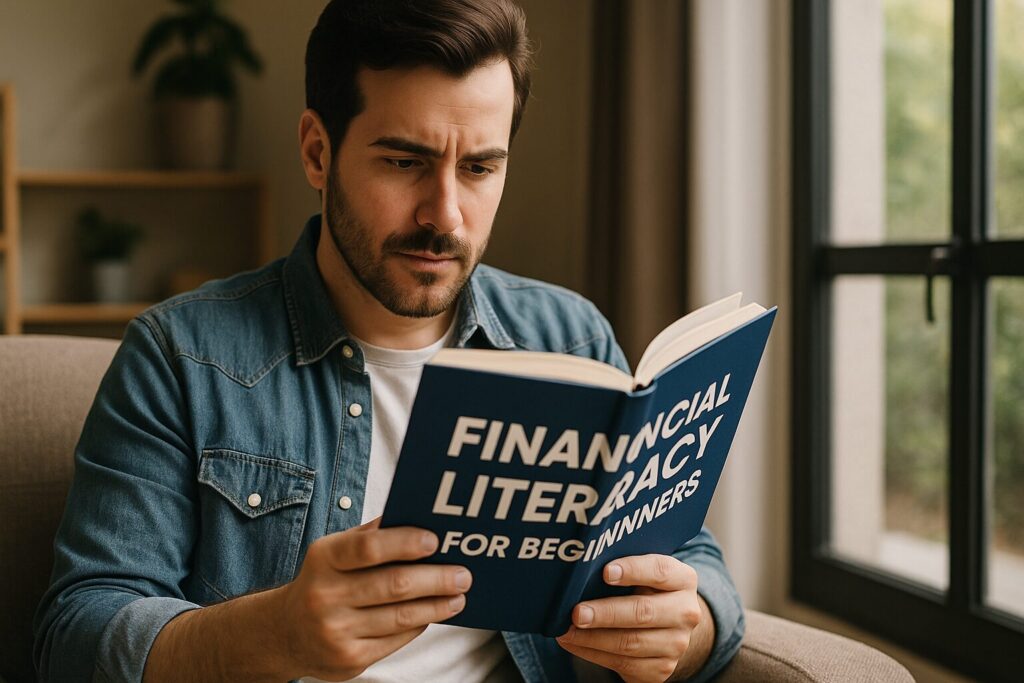 Man sitting in a cozy chair reading a book titled ‘Financial Literacy For Beginners’ by a sunlit window with a calm expression