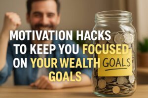 A smiling man sits behind a glass jar full of coins labeled “GOALS,” with overlaid text reading “Motivation Hacks To Keep You Focused On Your Wealth Goals” in bold white and yellow fonts.