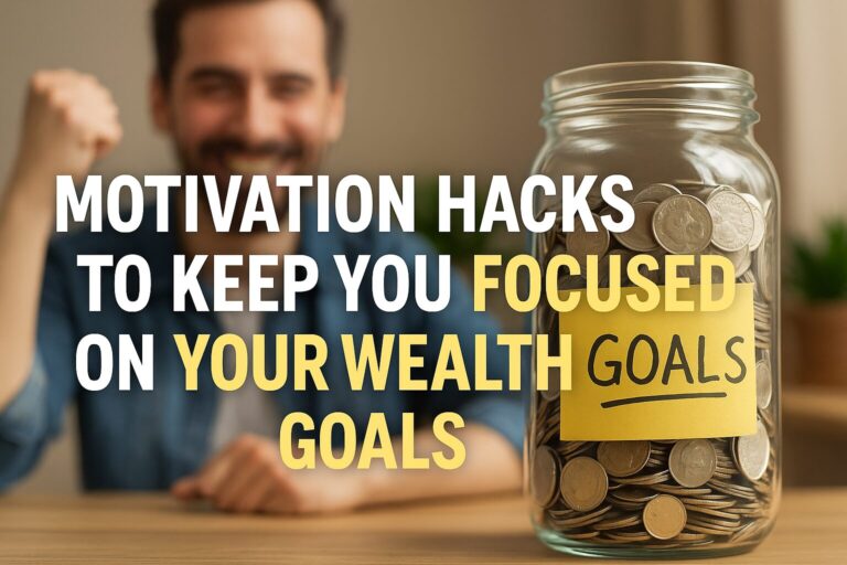A smiling man sits behind a glass jar full of coins labeled “GOALS,” with overlaid text reading “Motivation Hacks To Keep You Focused On Your Wealth Goals” in bold white and yellow fonts.