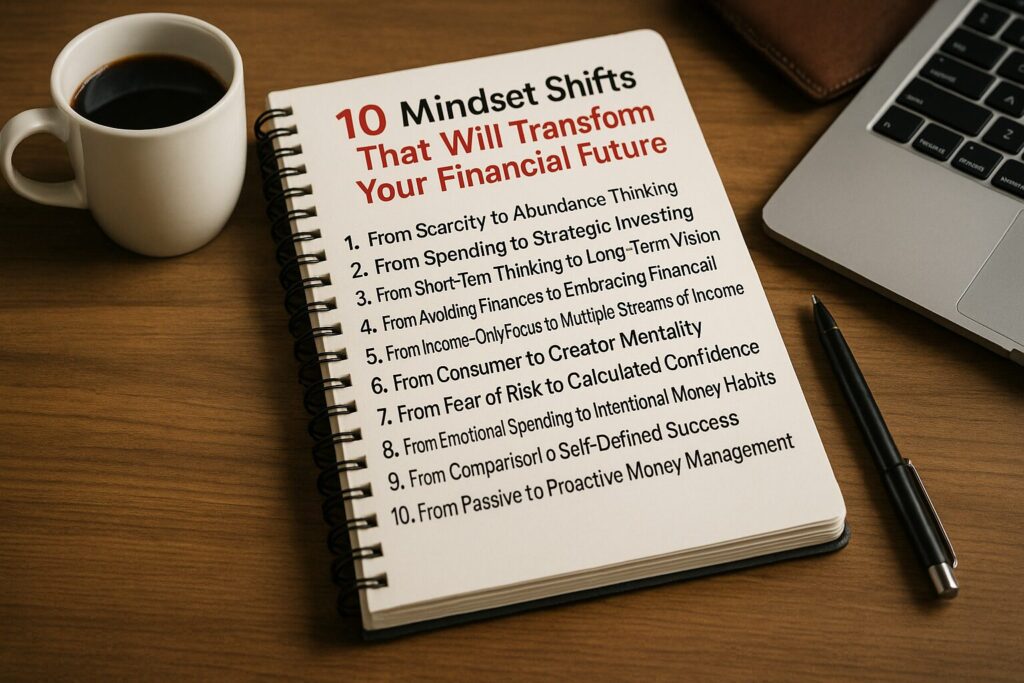 Spiral notebook on a wooden desk displaying a handwritten list of 10 mindset shifts for financial success, next to a coffee mug and laptop