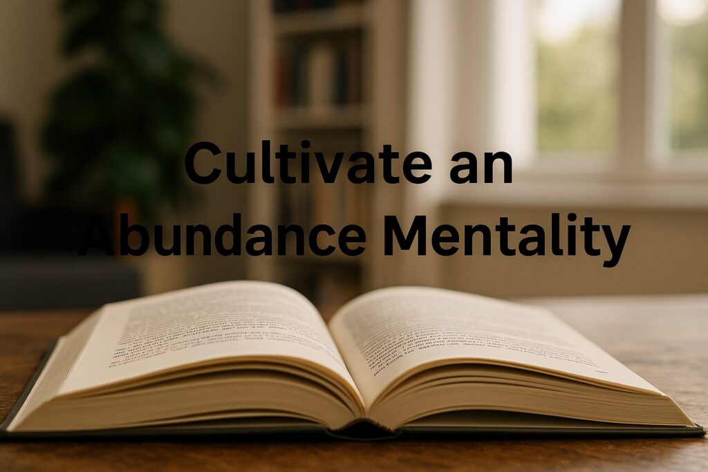 Open book on a wooden table with the overlaid text ‘Cultivate an Abundance Mentality’ in a sunlit reading room