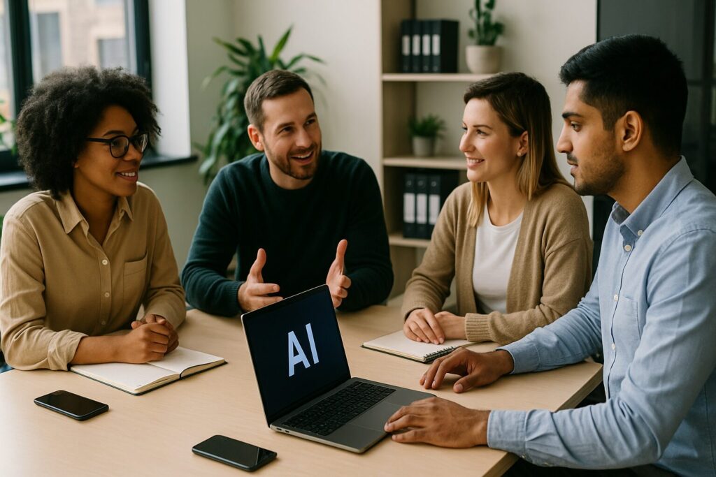 A diverse group of coworkers in a modern office discussing AI tools for content creation around a shared desk