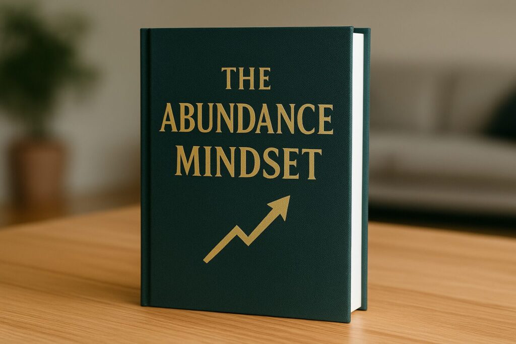 A hardcover green book titled The Abundance Mindset with bold gold lettering stands upright on a wooden table, with a softly lit room in the background.