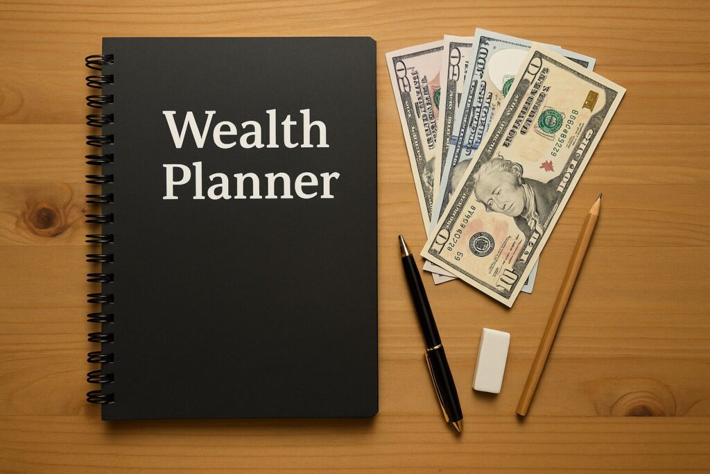 A black spiral-bound notebook labeled “Wealth Planner” sits on a wooden table beside fanned-out U.S. bills, a black pen with gold trim, a pencil, and a white eraser, symbolizing tools for financial planning and budgeting