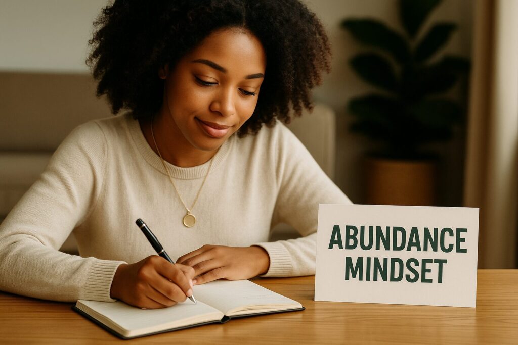 A young woman with curly hair writes in a notebook at a wooden table beside a card labeled “Abundance Mindset,” in a cozy, well-lit living room