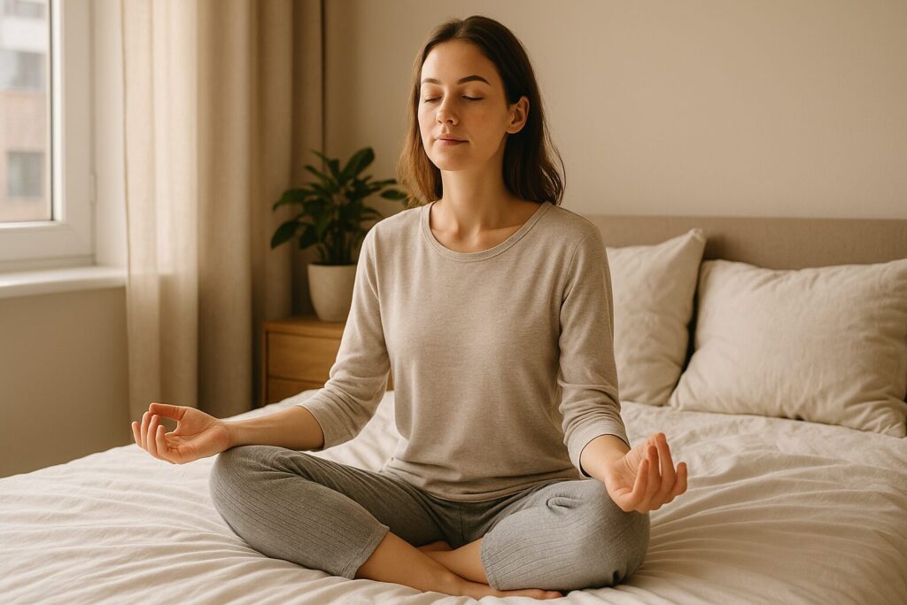 A woman sits cross-legged on her bed in peaceful meditation as morning sunlight filters through curtains, embodying calm and mindfulness in a cozy bedroom