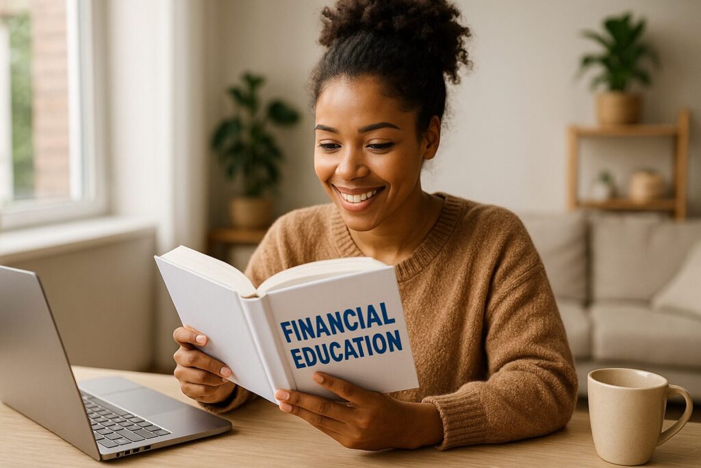Smiling young woman reading a book titled ‘Financial Education’ at a wooden table with a laptop and coffee mug in a sunlit living room