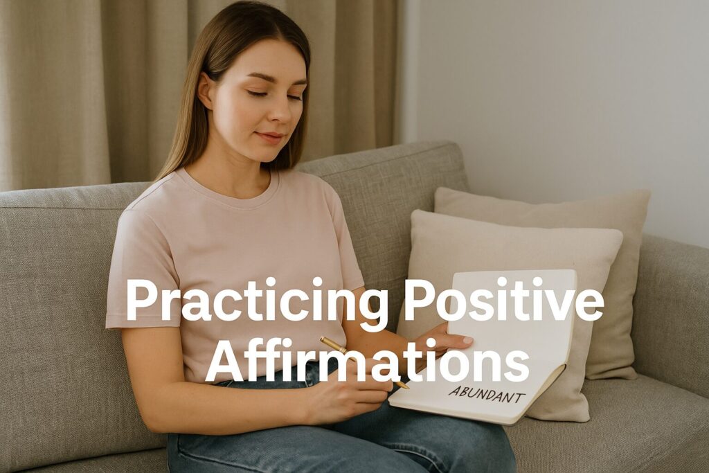 A young woman sits on a gray couch writing “I AM ABUNDANT” in her notebook as she practices daily affirmations in a calm, softly lit living space