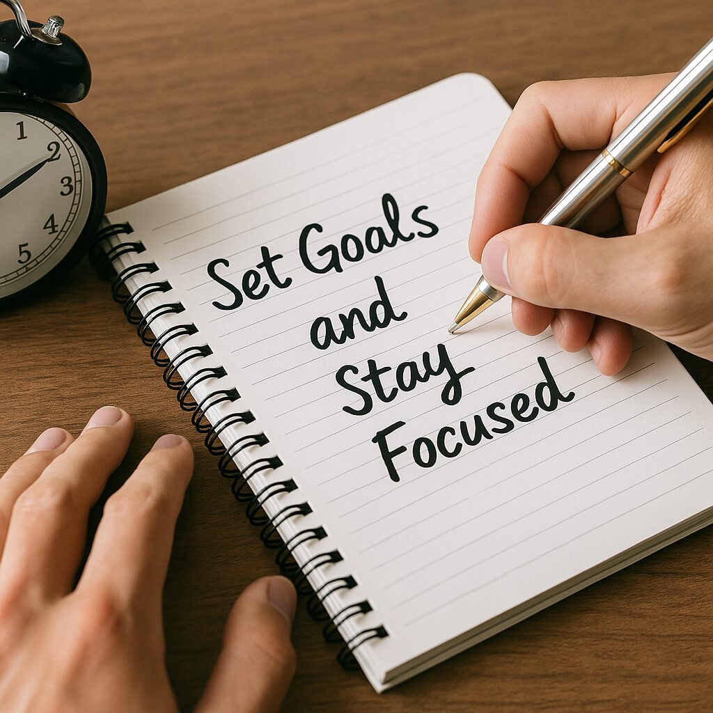 A person writes “Set Goals and Stay Focused” in a spiral notebook on a wooden desk, next to a black analog clock and a silver pen