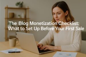 A wide shot of a creative home workspace with a laptop, coffee mug, and notepad titled “The Blog Monetization Checklist: What to Set Up Before Your First Sale”.