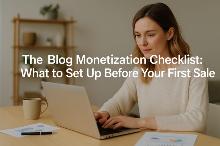 A wide shot of a creative home workspace with a laptop, coffee mug, and notepad titled “The Blog Monetization Checklist: What to Set Up Before Your First Sale”.