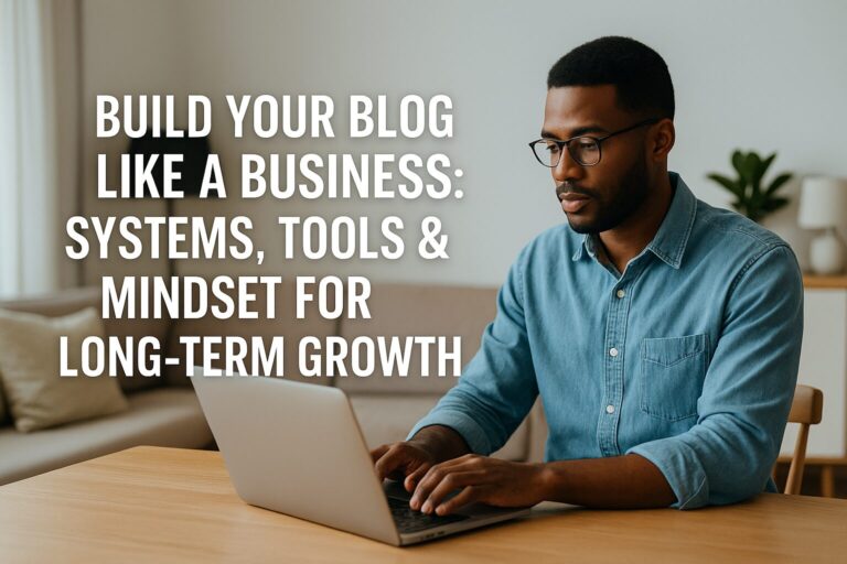 A young African-American man smiling confidently while typing on a laptop at a modern desk with the title 'Build Your Blog Like a Business' overlaid on the image.