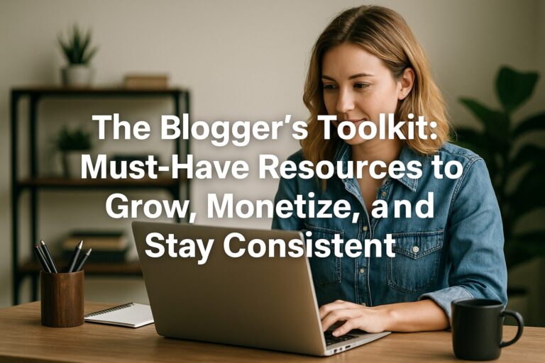 A young Caucasian woman smiling at her desk with the article title 'The Blogger’s Toolkit: Must-Have Resources to Grow, Monetize, and Stay Consistent' overlaid on the image