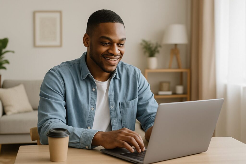 A young African American man sitting by the window, smiling while writing blog entries.