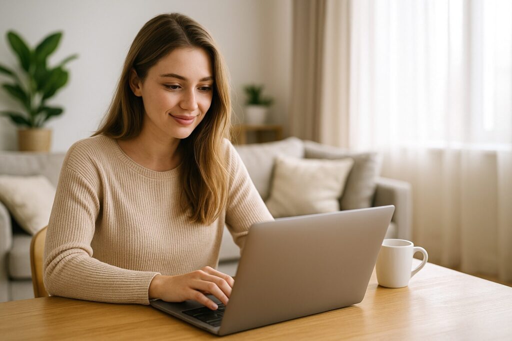 A focused Caucasian woman smiles while using a laptop in a modern home office with plants and wall art.