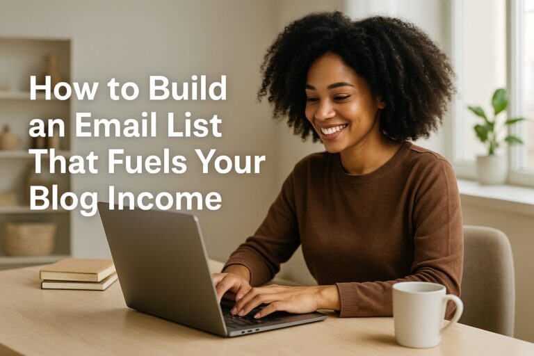 A focused Black woman with curly hair sits at a desk using a laptop with a coffee mug nearby. The title "Build an Email List That Fuels Blog Income" is overlaid on the image.