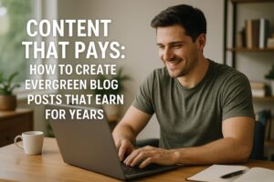 A confident blogger working at a tidy desk with the blog title 'Content That Pays' overlaid on the image.