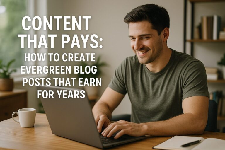 A confident blogger working at a tidy desk with the blog title 'Content That Pays' overlaid on the image.