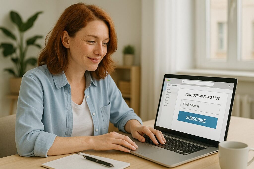 A light-skinned woman with red hair types on a laptop at a sunlit kitchen table with a notepad beside her.