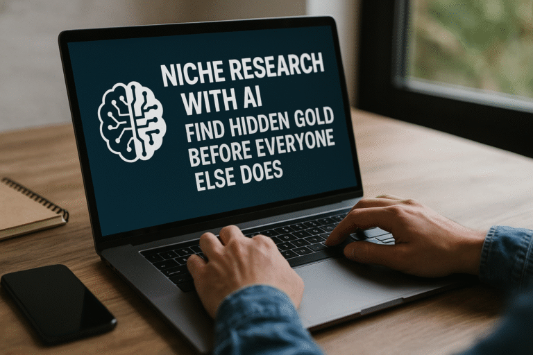 A person using a laptop with the screen displaying the title “Niche Research with AI: Find Hidden Gold Before Everyone Else Does” in bold text beside a brain icon.