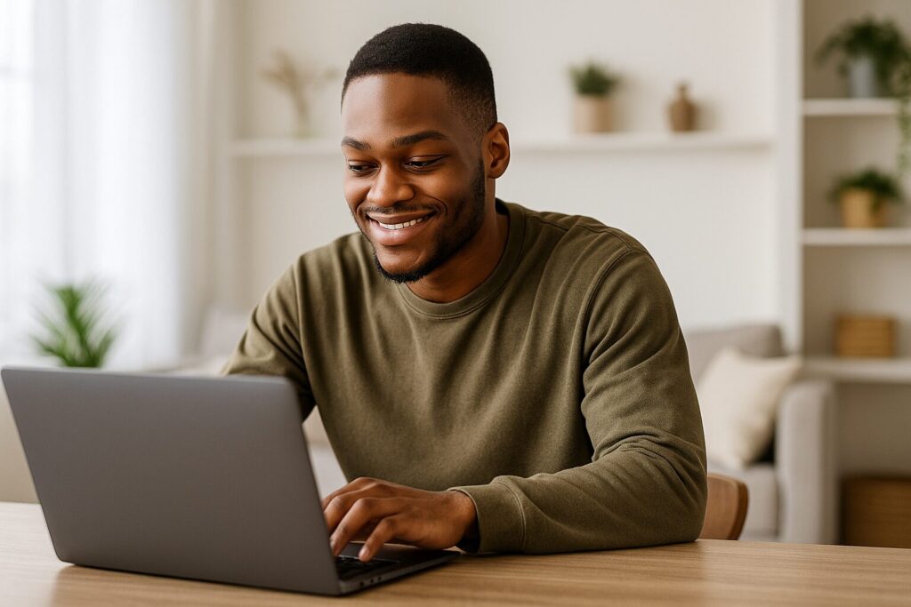 A young African-American man sits at a dining table managing affiliate links on his laptop in a minimalist apartment.