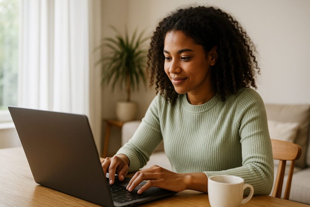 A young African American woman reviewing her blog calendar and digital content strategy at a kitchen counter.