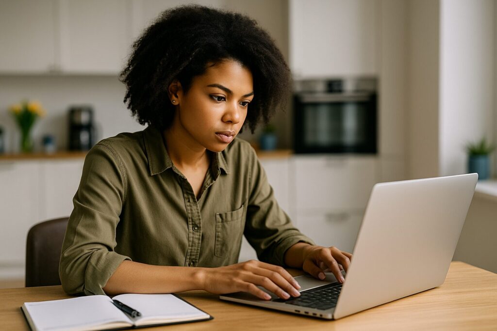 A young African American woman checking her planner while working on a laptop at a kitchen table with morning light streaming in