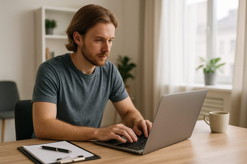 A young Caucasian man with short brown hair typing on a laptop surrounded by coffee and digital planning tools in a modern office.
