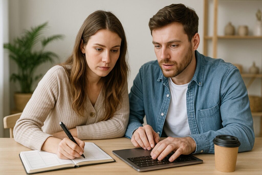 A young Caucasian woman and man working together on blog content at a shared workspace filled with notebooks and tech gear