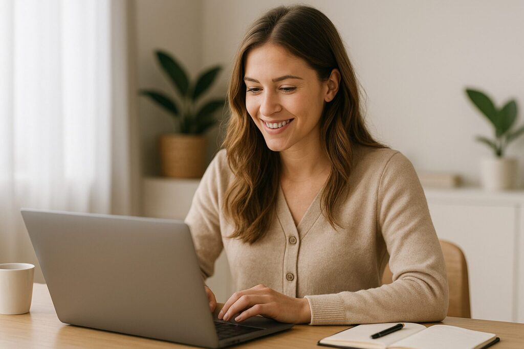 A young Caucasian woman using a laptop and organizing her content strategy with sticky notes and a calendar in a bright workspace