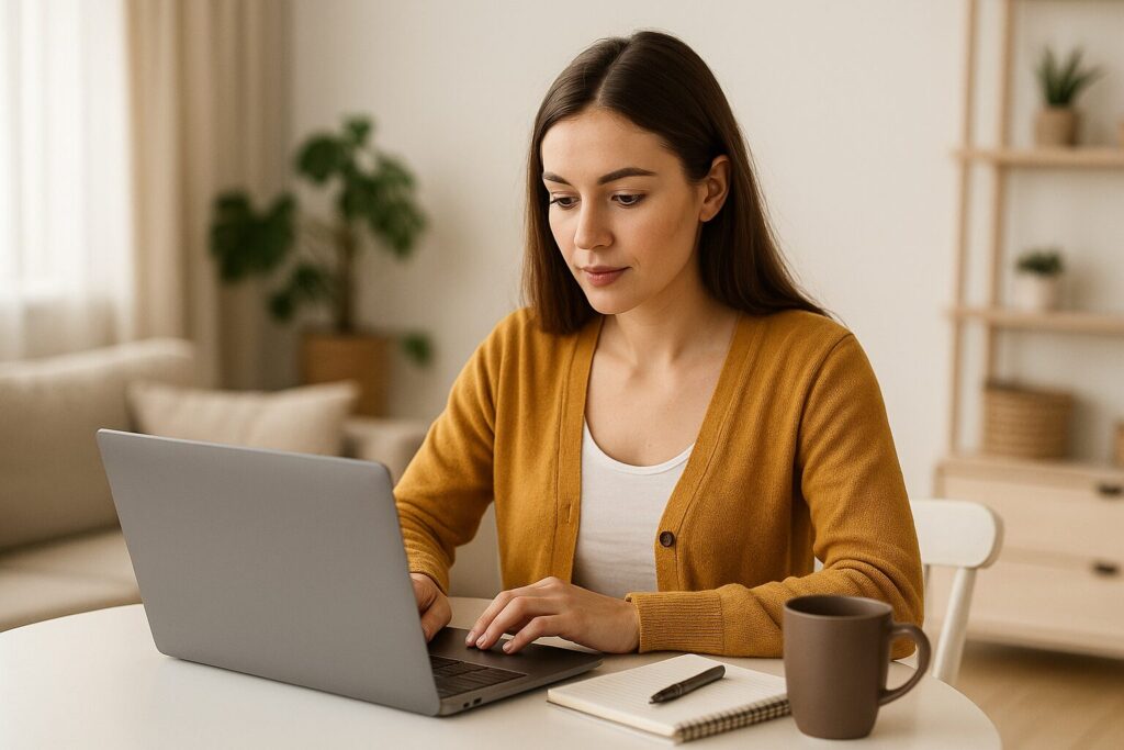A young Caucasian woman types on her laptop while researching affiliate marketing strategies in a cozy living room.