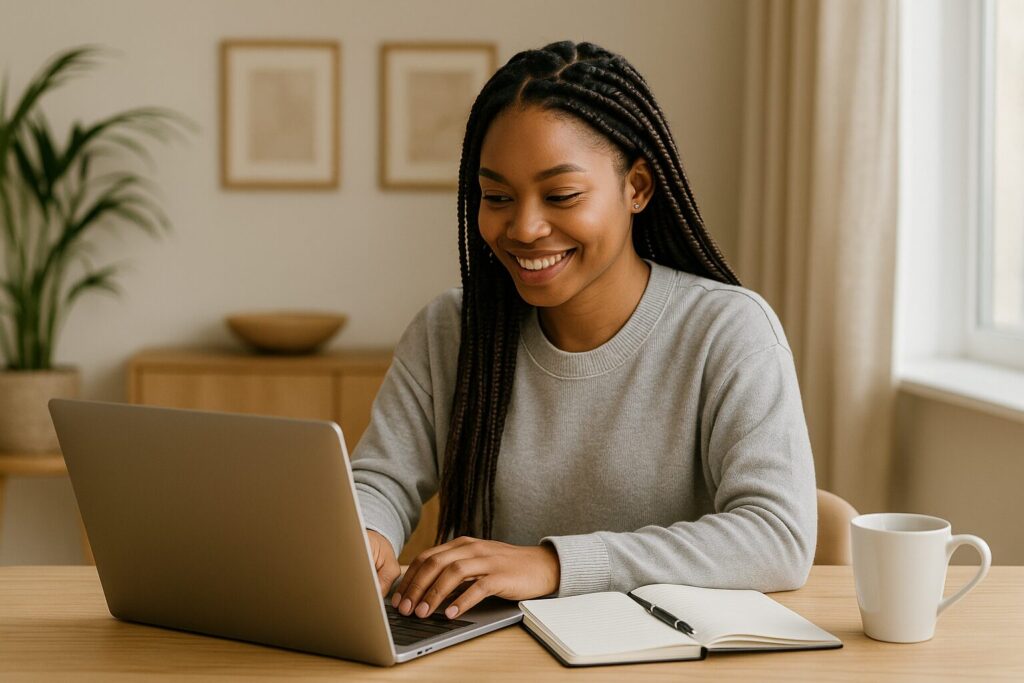 A young African American woman writing in a notebook while seated at her laptop, brainstorming monetization strategies for her blog.