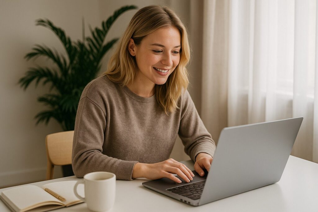 A young blonde Caucasian woman sitting at a minimalist desk with a laptop and coffee, organizing her blog content.