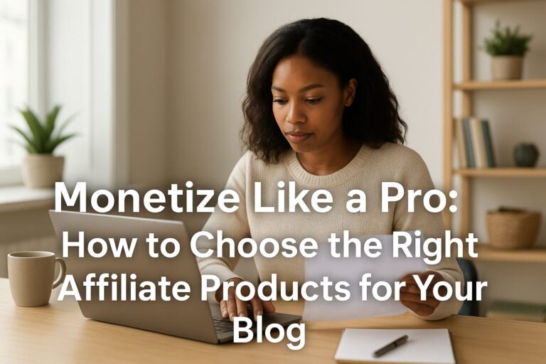 An African-American woman in her late 20s sits at her laptop, focused on analyzing affiliate product data in a modern home office.