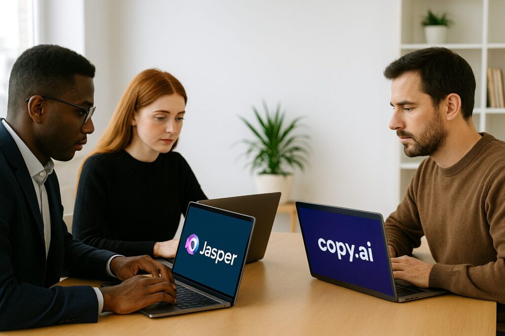 Three diverse professionals working together at a shared desk with laptops displaying different AI writing tools in a creative workspace.