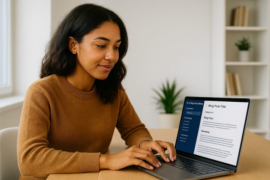 A young African American woman typing on a laptop with a visible AI-powered blog editor in a modern home office setting
