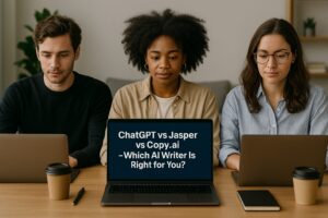 A clean, modern workspace with three professionals comparing AI writing tools—ChatGPT, Jasper, and Copy.ai—on laptops during a team session.