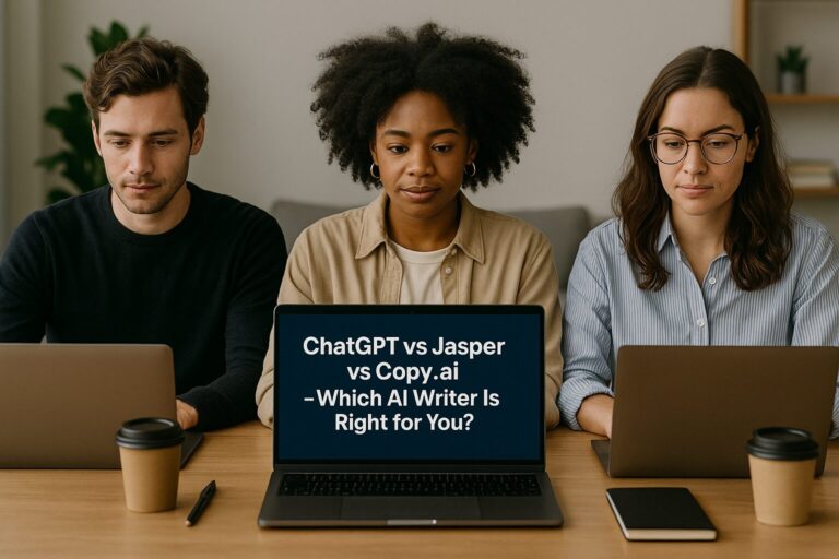 A clean, modern workspace with three professionals comparing AI writing tools—ChatGPT, Jasper, and Copy.ai—on laptops during a team session.