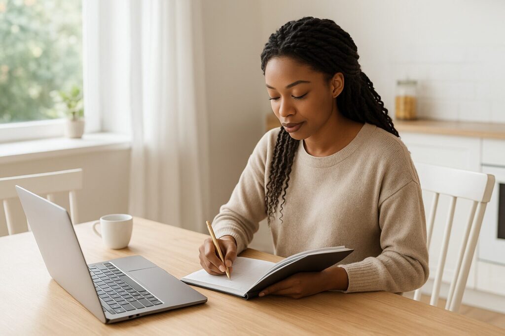 A young African American woman checking her planner while working on a laptop at a kitchen table with coffee and a planner