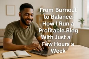 A smiling African American man working at his laptop with a notepad beside him, overlaid with the blog title “From Burnout to Balance: How I Run a Profitable Blog With Just a Few Hours a Week.”