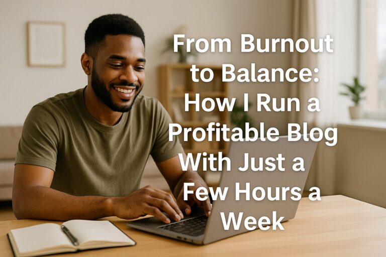 A smiling African American man working at his laptop with a notepad beside him, overlaid with the blog title “From Burnout to Balance: How I Run a Profitable Blog With Just a Few Hours a Week.”