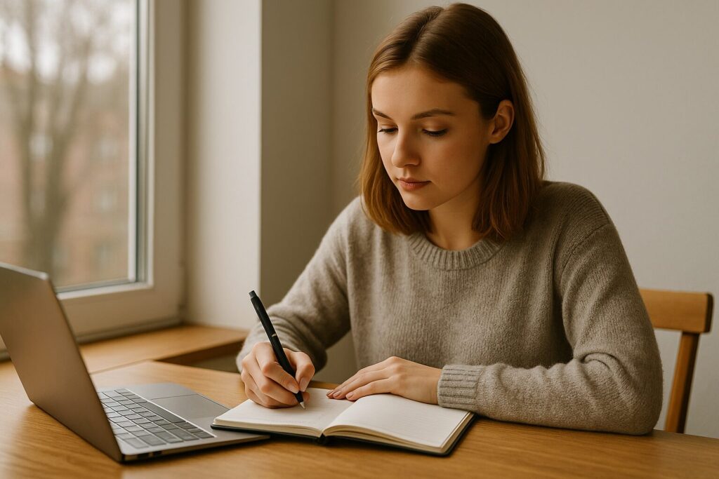 A young Caucasian woman sitting by the window, writing blog ideas in her journal with a focused expression
